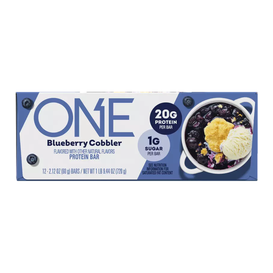 ONE BARS Blueberry Cobbler Flavored Protein Bars, 2.12 oz, 12 count box - Front of Package