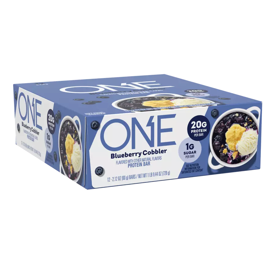 ONE BARS Blueberry Cobbler Flavored Protein Bars, 2.12 oz, 12 count box - Left Side of Package