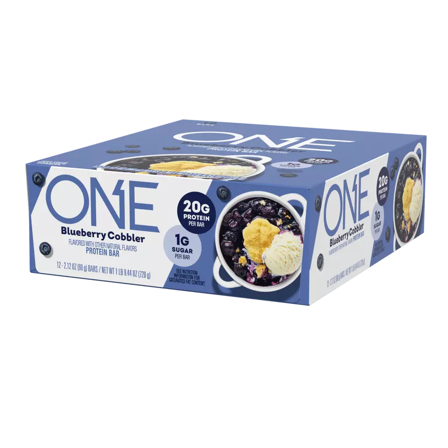 ONE BARS Blueberry Cobbler Flavored Protein Bars, 2.12 oz, 12 count box - Right Side of Package