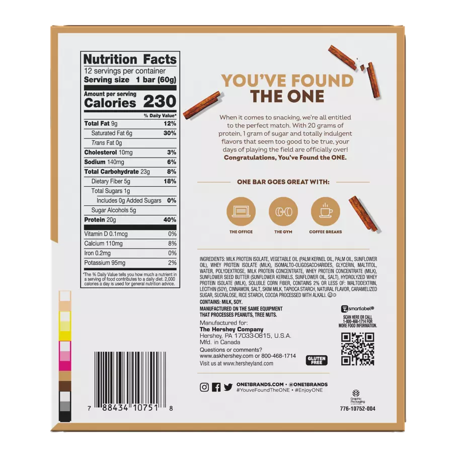 ONE BARS Cinnamon Roll Flavored Protein Bars, 2.12 oz, 12 count box - Nutritional