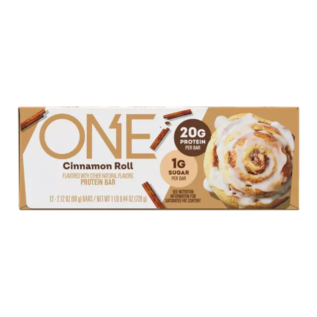 ONE BARS Cinnamon Roll Flavored Protein Bars, 2.12 oz, 12 count box - Front of Package