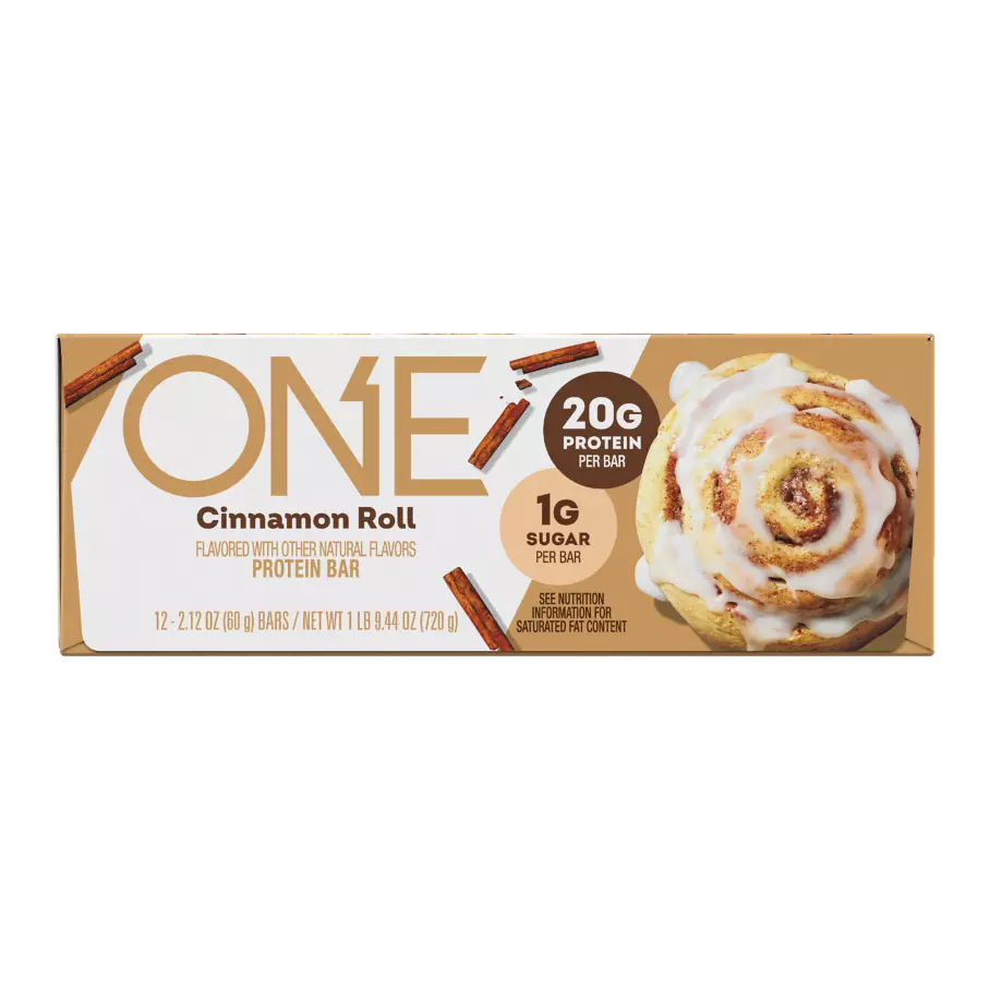 ONE BARS Cinnamon Roll Flavored Protein Bars, 2.12 oz, 12 count box - Front of Package