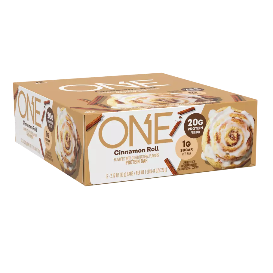 ONE BARS Cinnamon Roll Flavored Protein Bars, 2.12 oz, 12 count box - Left Side of Package