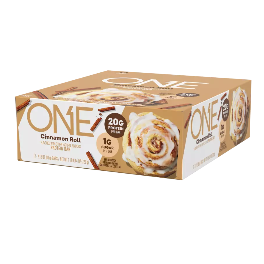 ONE BARS Cinnamon Roll Flavored Protein Bars, 2.12 oz, 12 count box - Right Side of Package