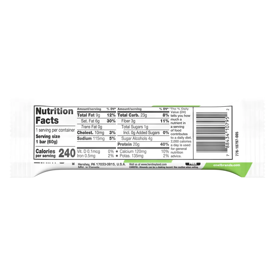 ONE BARS Chocolate Almond Bliss Flavored Protein Bar, 2.12 oz - Back of Package