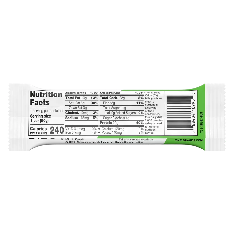 ONE BARS Chocolate Almond Bliss Flavored Protein Bar, 2.12 oz - Nutritional