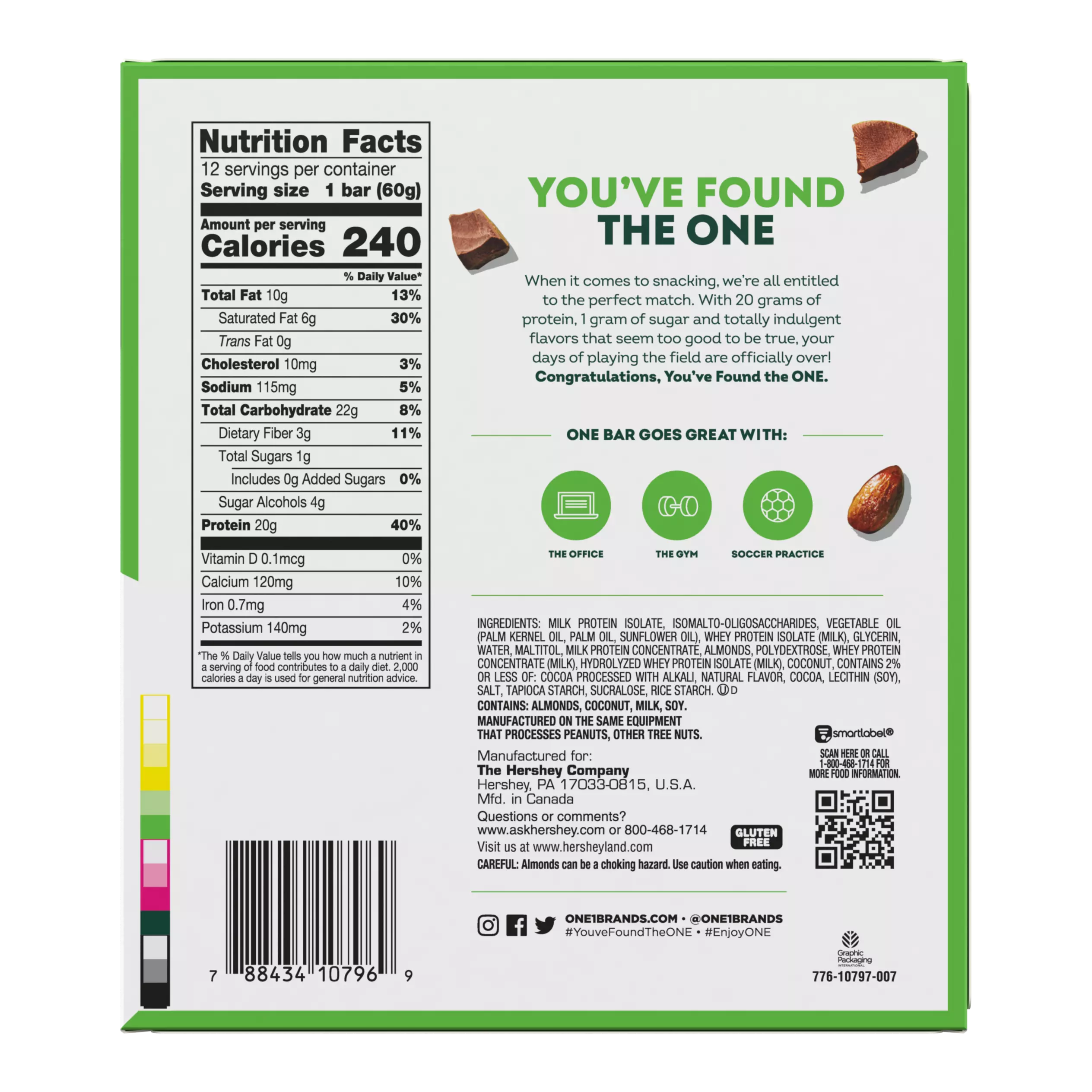 ONE BARS Chocolate Almond Bliss Flavored Protein Bars, 2.12 oz, 12 count box - Nutritional