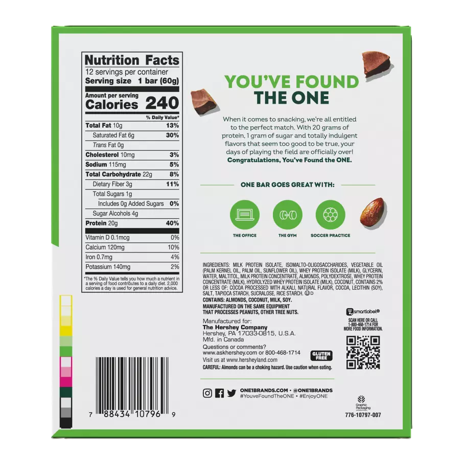 ONE BARS Chocolate Almond Bliss Flavored Protein Bars, 2.12 oz, 12 count box - Bottom of Package