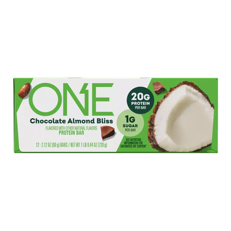 ONE BARS Chocolate Almond Bliss Flavored Protein Bars, 2.12 oz, 12 count box - Front of Package