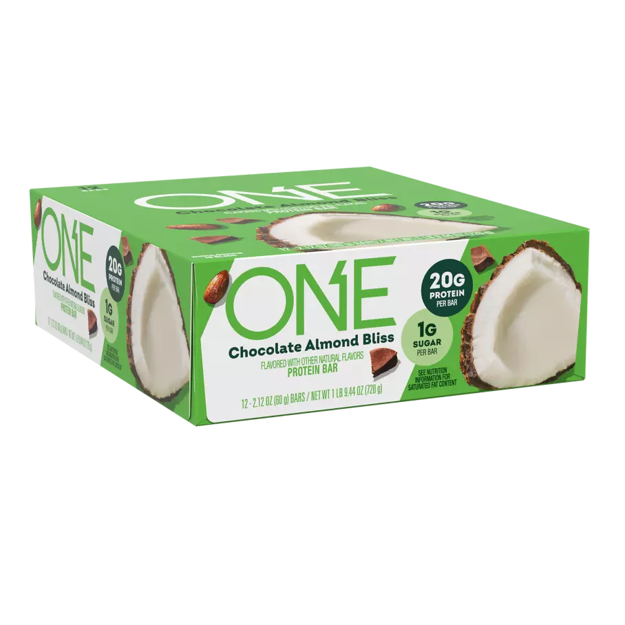 ONE BARS Chocolate Almond Bliss Flavored Protein Bars, 2.12 oz, 12 count box - Left Side of Package