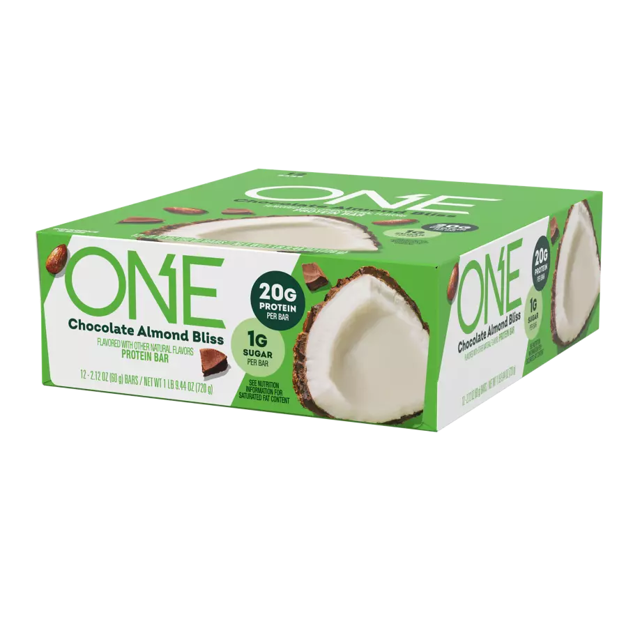 ONE BARS Chocolate Almond Bliss Flavored Protein Bars, 2.12 oz, 12 count box - Right Side of Package