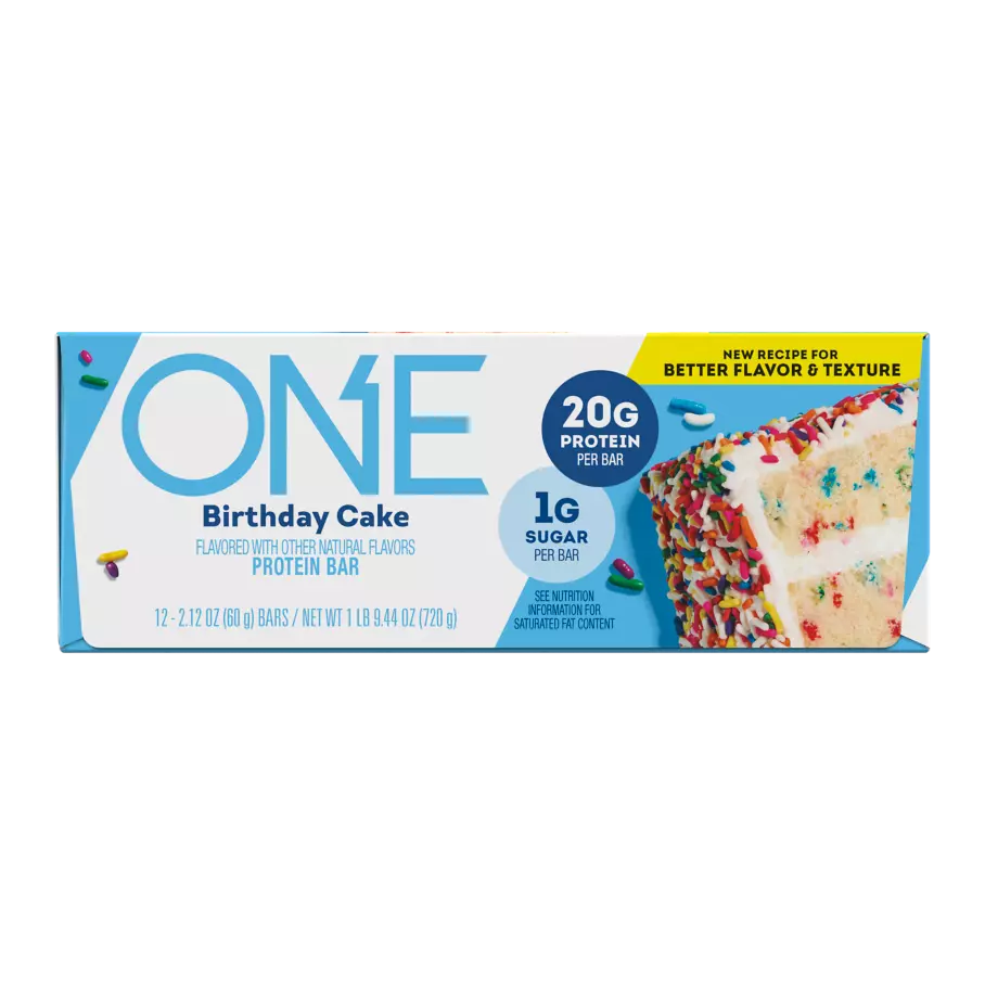 ONE BARS Birthday Cake Flavored Protein Bars, 2.12 oz, 12 count box - Front of Package