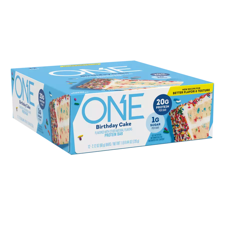 ONE BARS Birthday Cake Flavored Protein Bars, 2.12 oz, 12 count box - Left Side of Package
