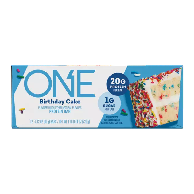 ONE BARS Birthday Cake Flavored Protein Bars, 2.12 oz, 12 count box - Front of Package