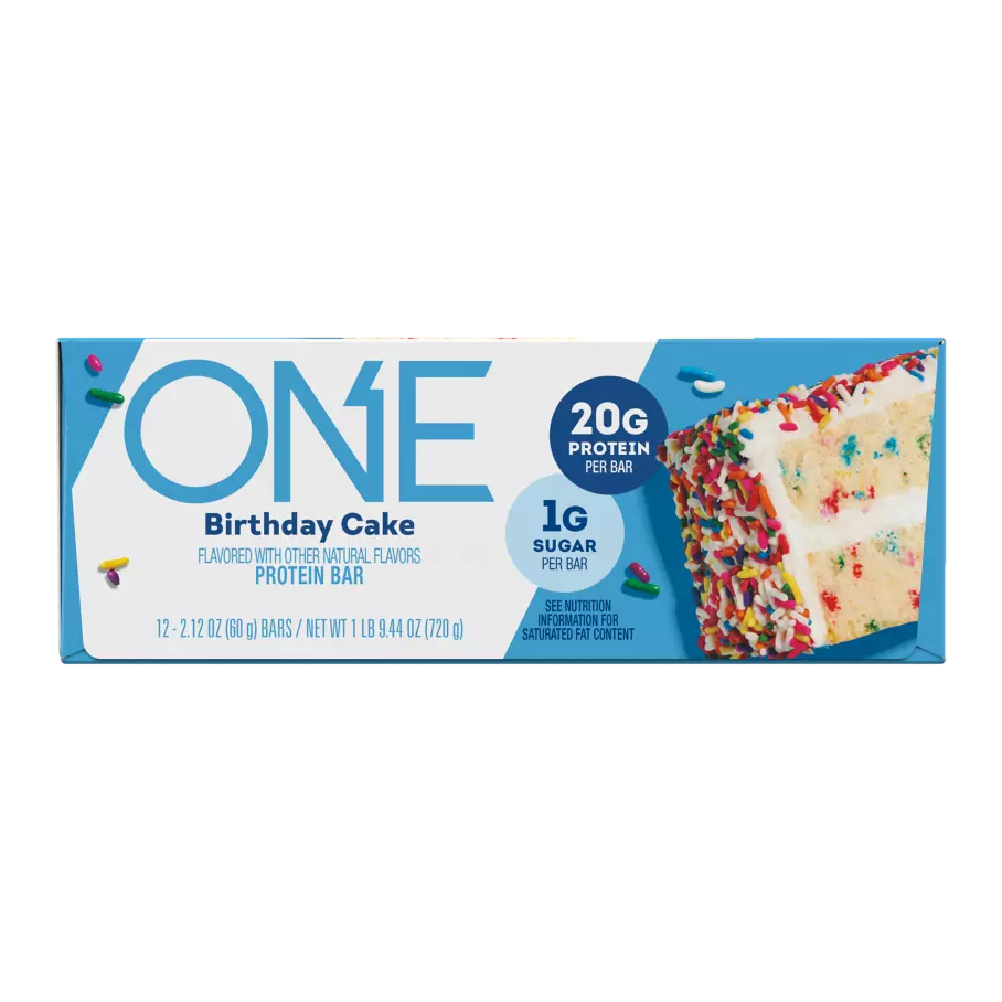 ONE BARS Birthday Cake Flavored Protein Bars, 2.12 oz, 12 count box - Front of Package