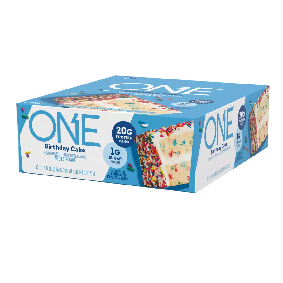 ONE BARS Birthday Cake Flavored Protein Bars, 2.12 oz, 12 count box - Right Side of Package