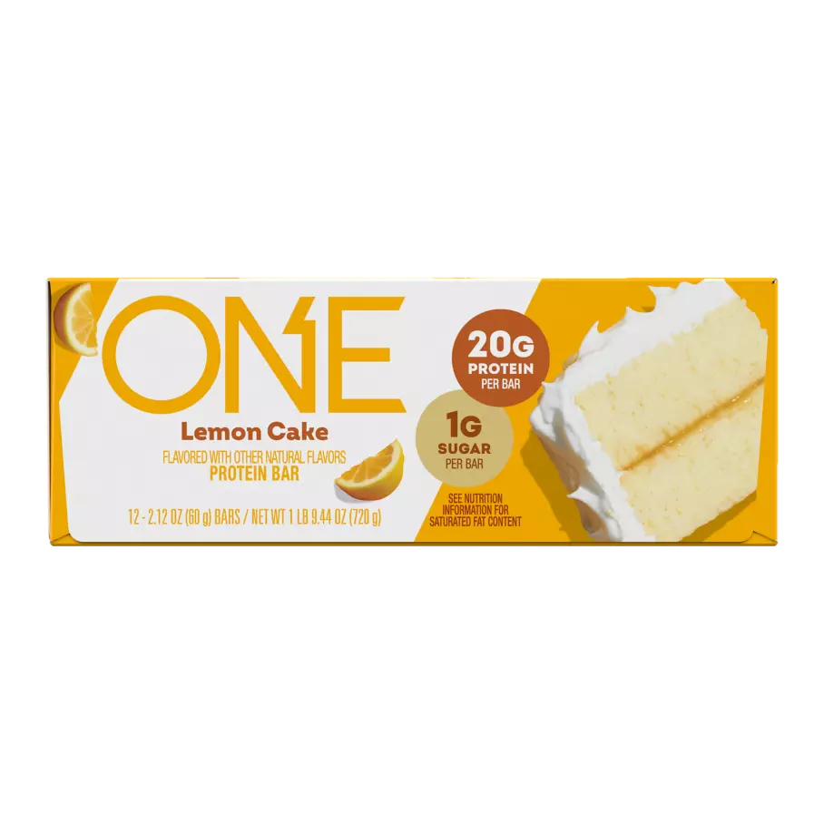 ONE BARS Lemon Cake Flavored Protein Bars, 2.12 oz, 12 count box - Front of Package