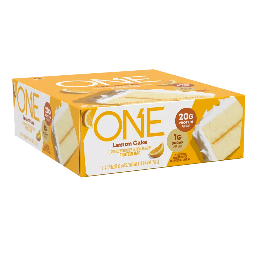 ONE BARS Lemon Cake Flavored Protein Bars, 2.12 oz, 12 count box - Left Side of Package