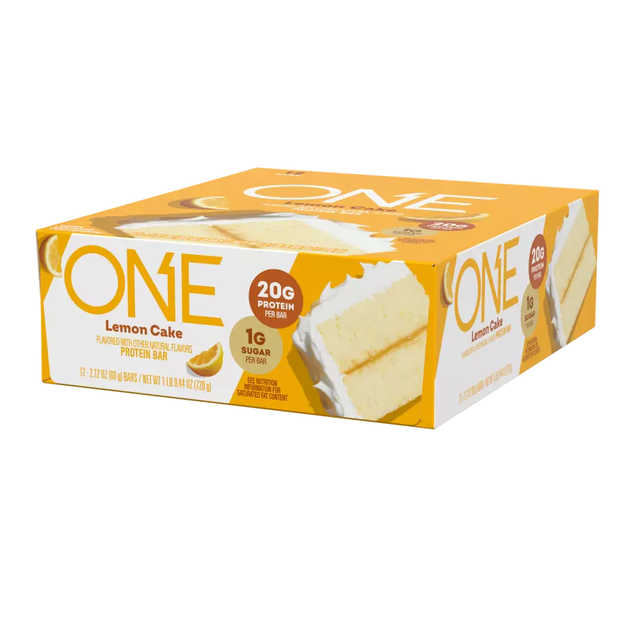 ONE BARS Lemon Cake Flavored Protein Bars, 2.12 oz, 12 count box - Right Side of Package