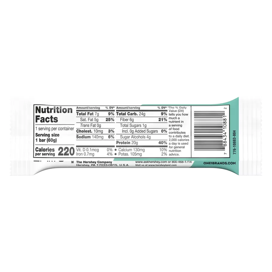 ONE BARS Chocolate Chip Cookie Dough Flavored Protein Bar, 2.12 oz - Back of Package