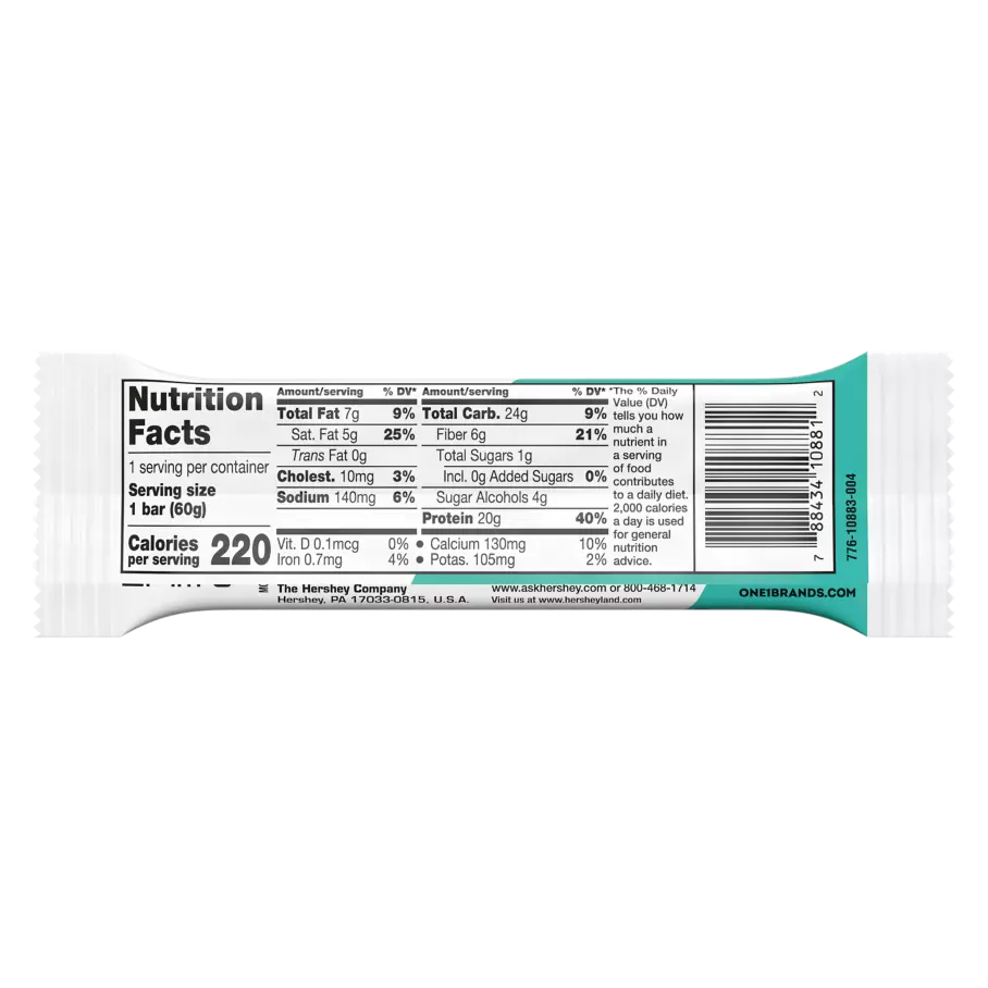 ONE BARS Chocolate Chip Cookie Dough Flavored Protein Bar, 2.12 oz - Back of Package