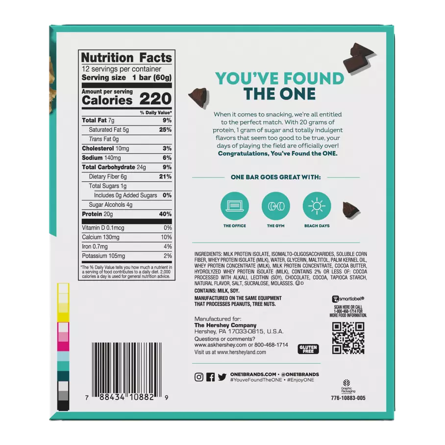 ONE BARS Chocolate Chip Cookie Dough Flavored Protein Bars, 2.12 oz, 12 count box - Nutritional