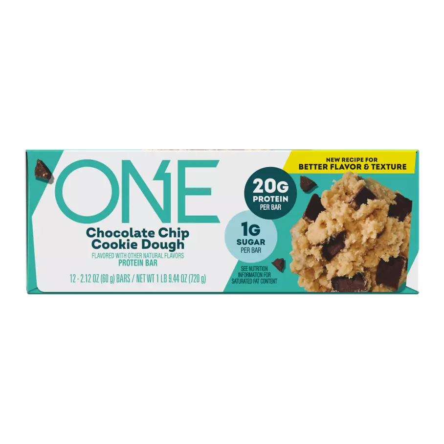 ONE BARS Chocolate Chip Cookie Dough Flavored Protein Bars, 2.12 oz, 12 count box - Front of Package