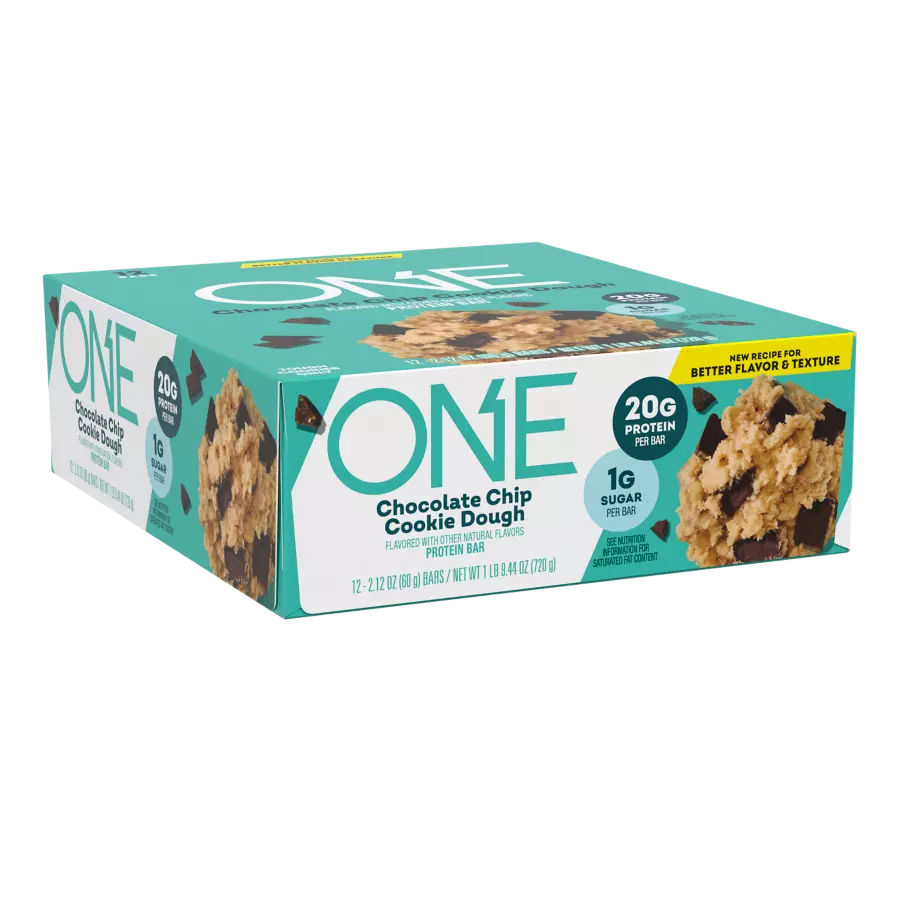 ONE BARS Chocolate Chip Cookie Dough Flavored Protein Bars, 2.12 oz, 12 count box - Left Side of Package