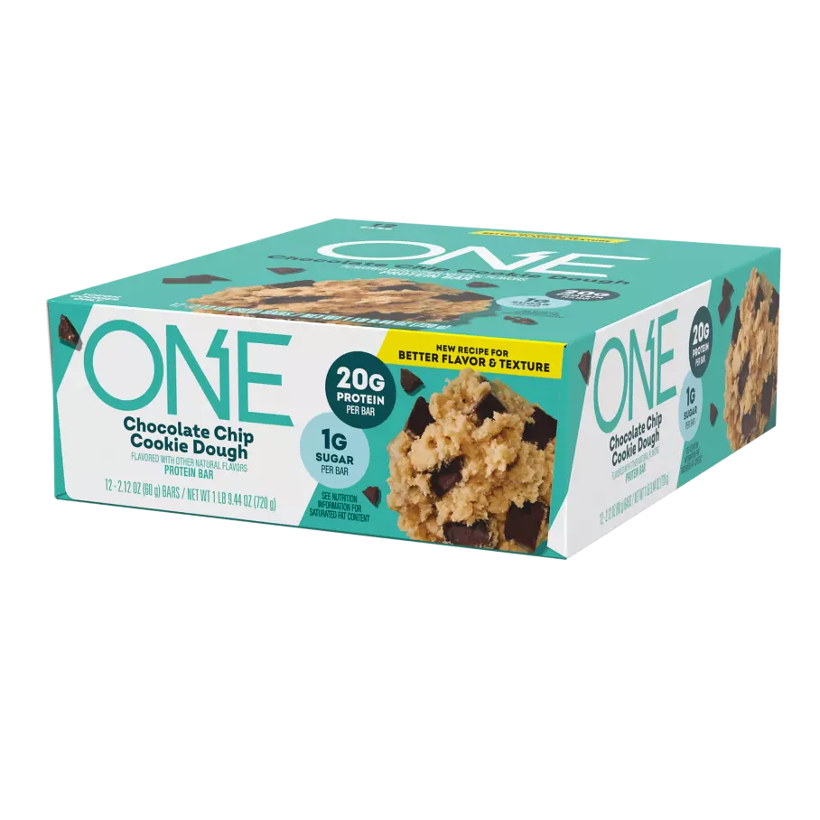 ONE BARS Chocolate Chip Cookie Dough Flavored Protein Bars, 2.12 oz, 12 count box - Right Side of Package