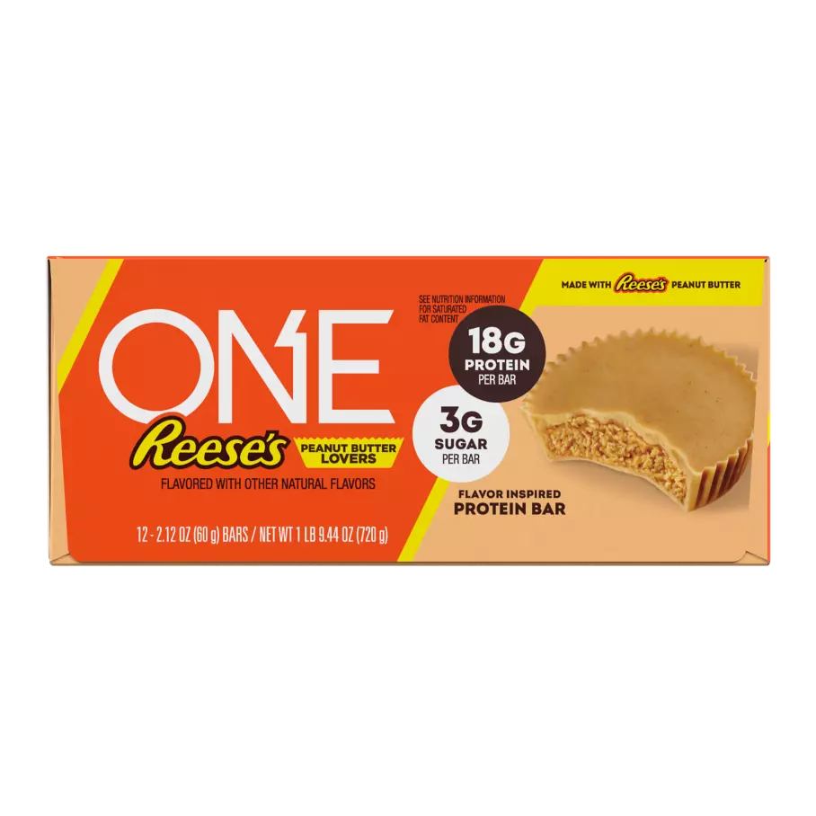 ONE REESE'S Peanut Butter Lovers Flavored Protein Bars, 2.12 oz, 12 count box - Front of Package
