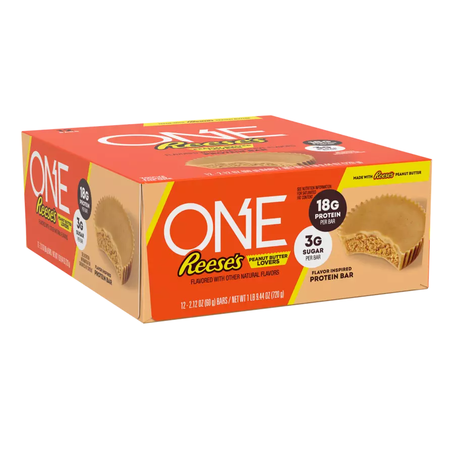 ONE REESE'S Peanut Butter Lovers Flavored Protein Bars, 2.12 oz, 12 count box - Left Side of Package