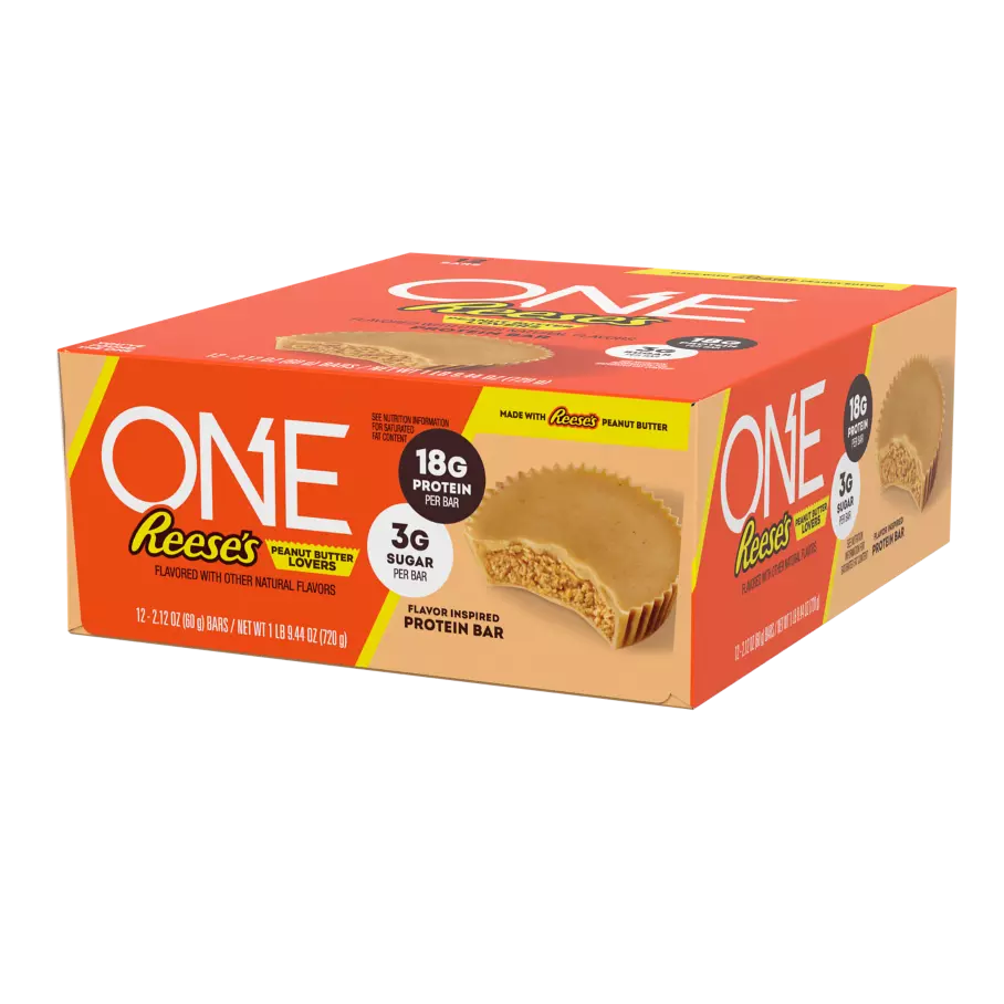 ONE REESE'S Peanut Butter Lovers Flavored Protein Bars, 2.12 oz, 12 count box - Right Side of Package