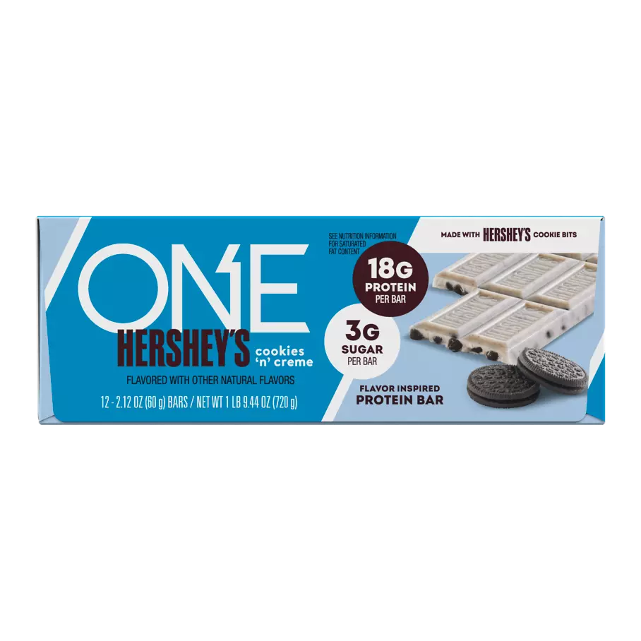 ONE HERSHEY'S Cookies ‘N’ Creme Flavored Protein Bars, 2.12 oz, 12 count box - Front of Package