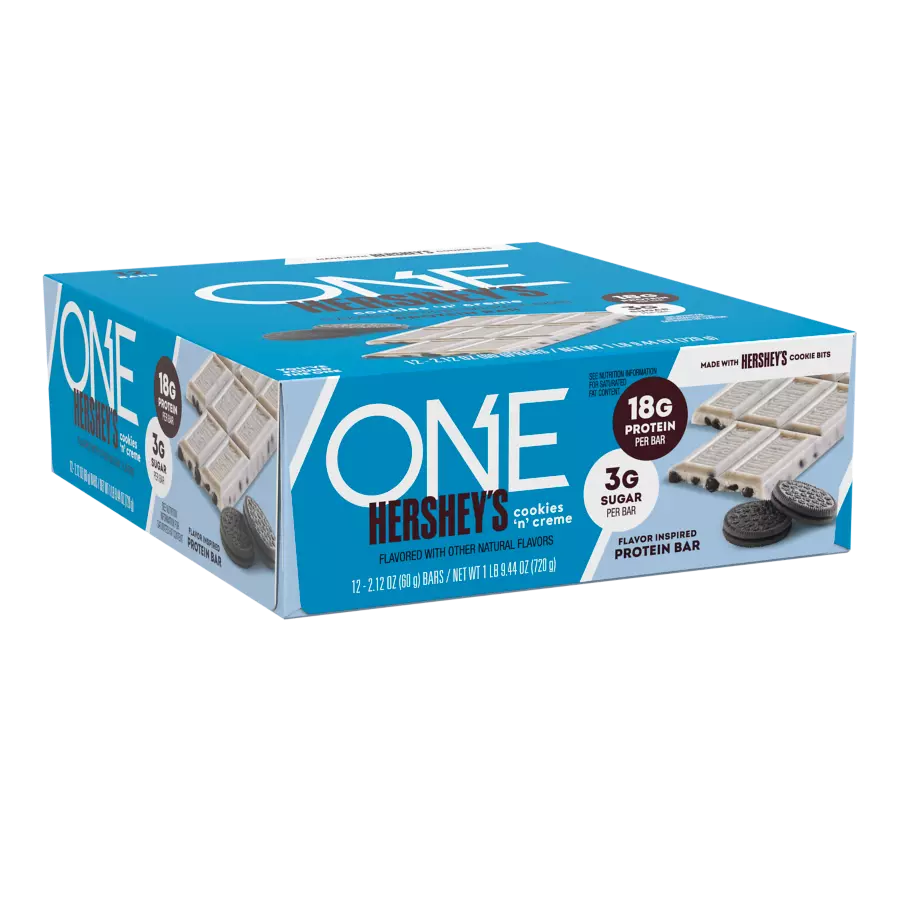 ONE HERSHEY'S Cookies ‘N’ Creme Flavored Protein Bars, 2.12 oz, 12 count box - Left Side of Package
