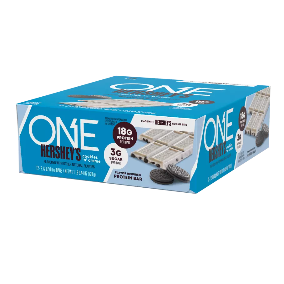 ONE HERSHEY'S Cookies ‘N’ Creme Flavored Protein Bars, 2.12 oz, 12 count box - Right Side of Package