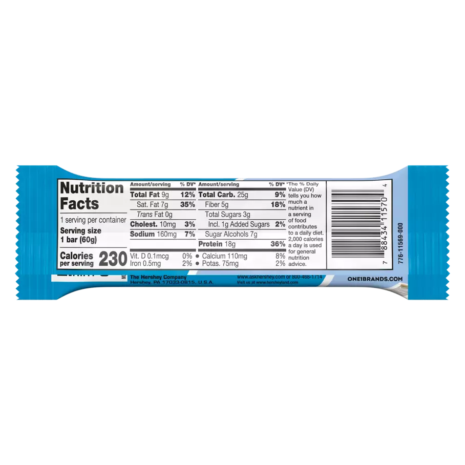 ONE HERSHEY'S Cookies ‘N’ Creme Flavored Protein Bar, 2.12 oz - Back of Package