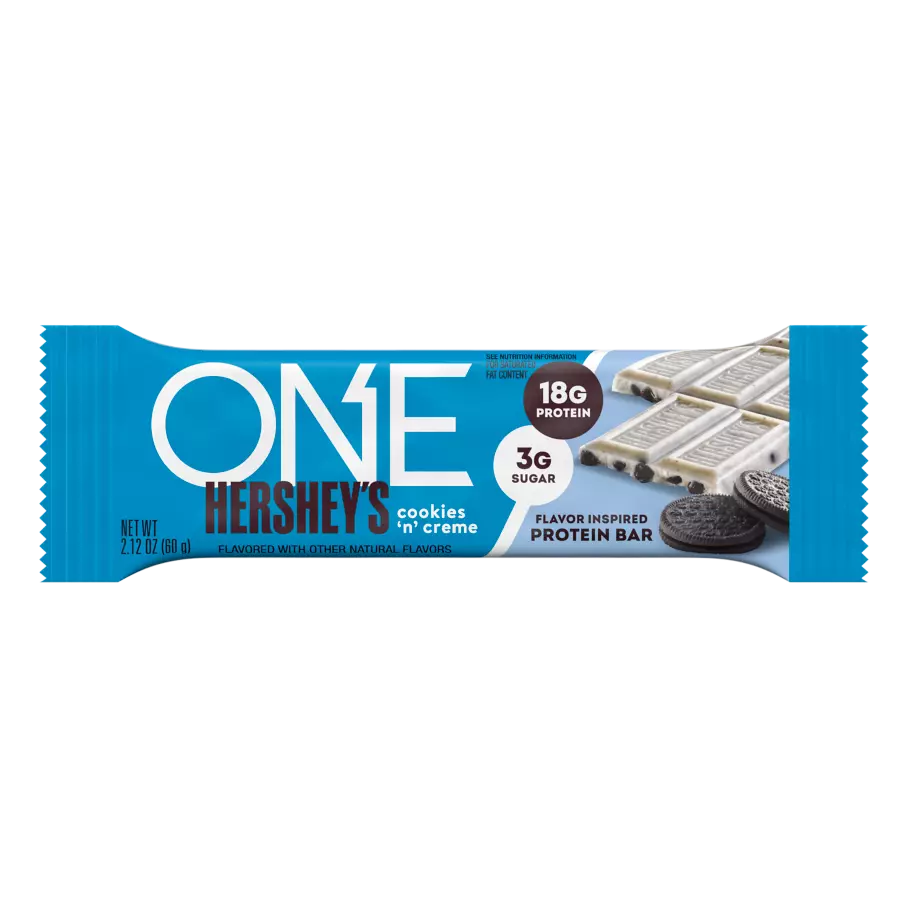ONE HERSHEY'S Cookies ‘N’ Creme Flavored Protein Bars, 2.12 oz, 4 count box - Out of Package