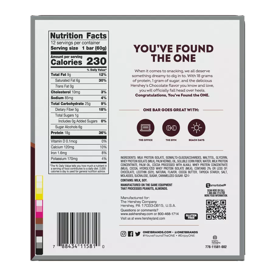 ONE HERSHEY'S Double Chocolate Flavored Protein Bars, 2.12 oz, 12 count box - Nutritional