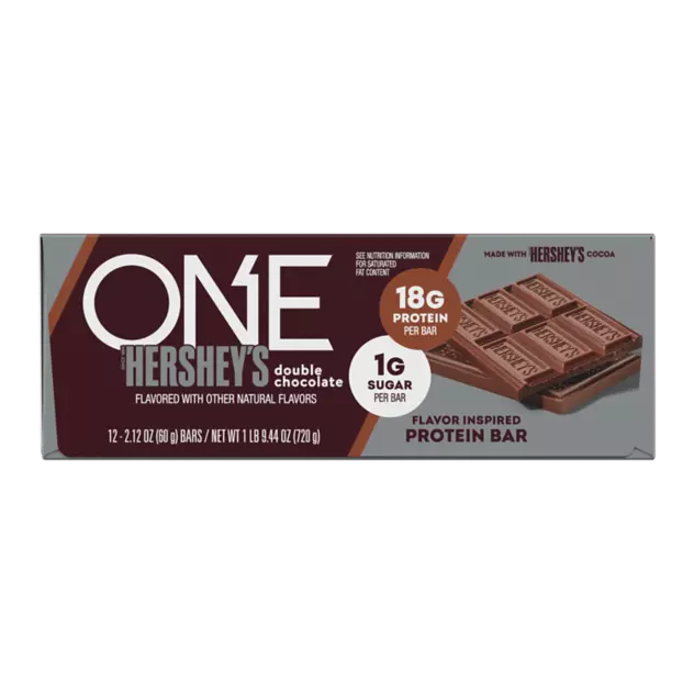 ONE HERSHEY'S Double Chocolate Flavored Protein Bars, 2.12 oz, 12 count box - Front of Package
