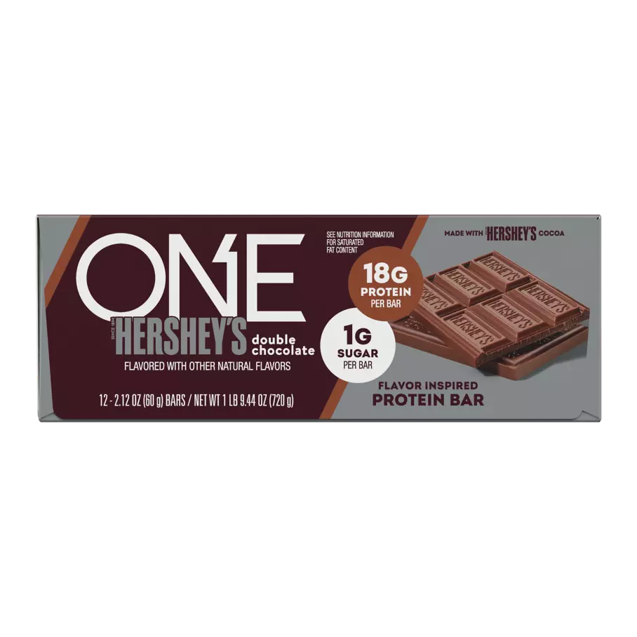ONE HERSHEY'S Double Chocolate Flavored Protein Bars, 2.12 oz, 12 count box - Front of Package