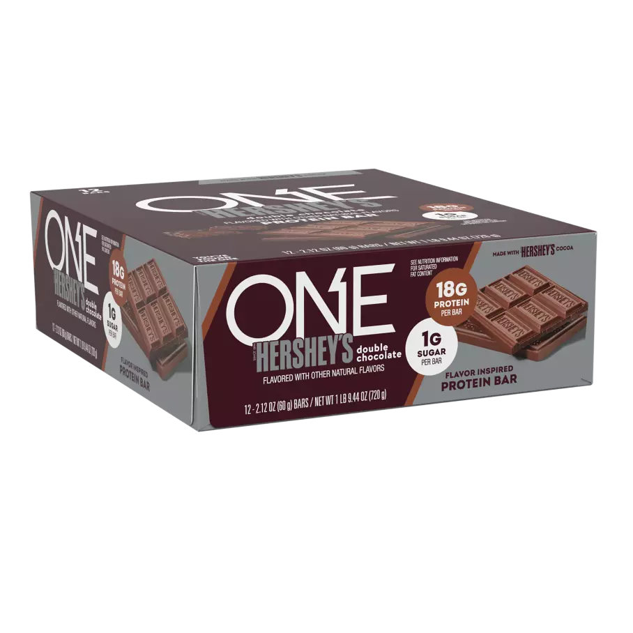 ONE HERSHEY'S Double Chocolate Flavored Protein Bars, 2.12 oz, 12 count box - Left Side of Package