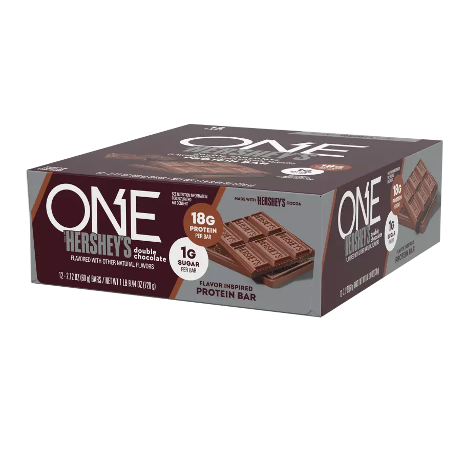 ONE HERSHEY'S Double Chocolate Flavored Protein Bars, 2.12 oz, 12 count box - Right Side of Package