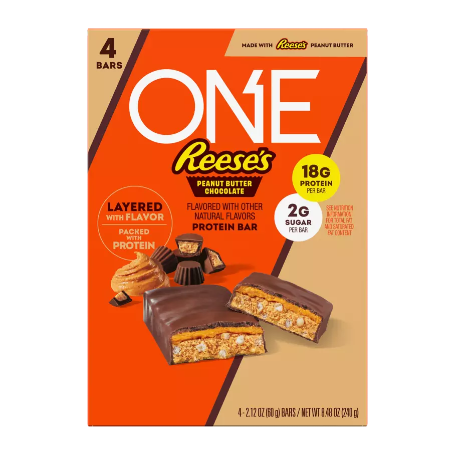 ONE REESE'S Peanut Butter Chocolate Flavored Layered Protein Bars, 2.12 oz, 4 count box - Front of Package