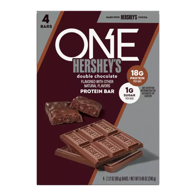 ONE HERSHEY'S Double Chocolate Flavored Protein Bars, 2.12 oz, 4 count box - Front of Package