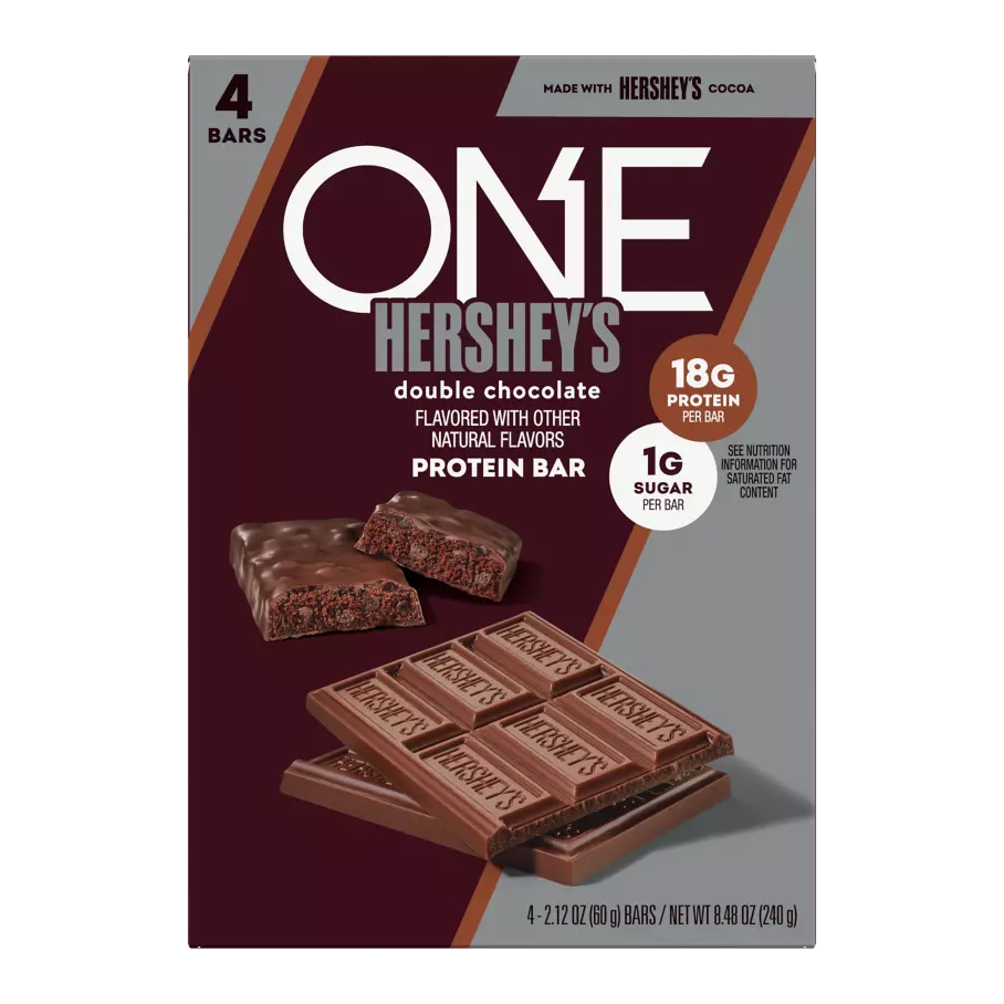 ONE HERSHEY'S Double Chocolate Flavored Protein Bars, 2.12 oz, 4 count box - Front of Package