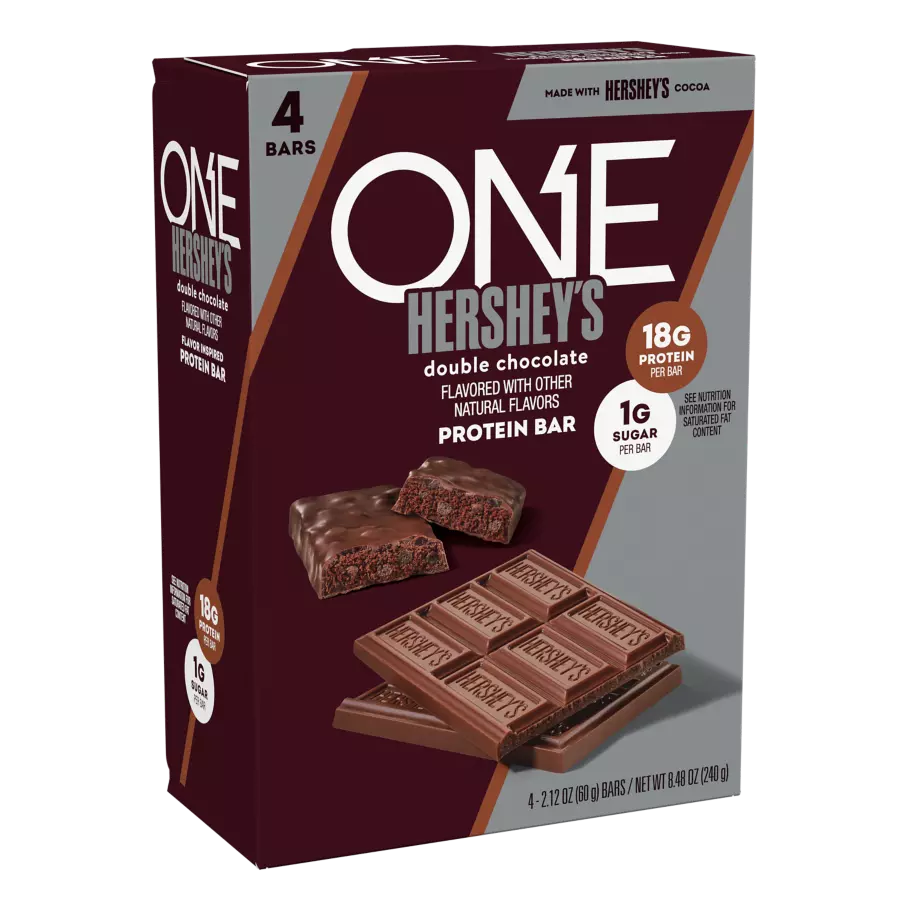 ONE HERSHEY'S Double Chocolate Flavored Protein Bars, 2.12 oz, 4 count box - Side of Package