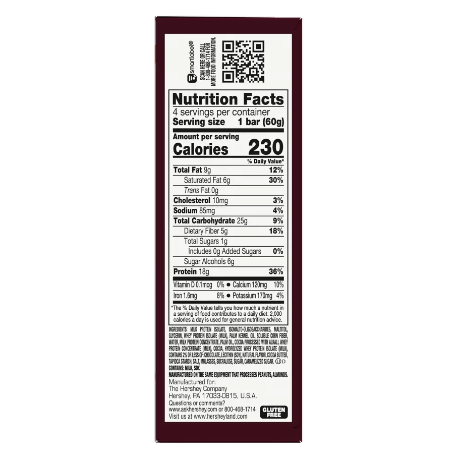 ONE HERSHEY'S Double Chocolate Flavored Protein Bars, 2.12 oz, 4 count box - Nutritional