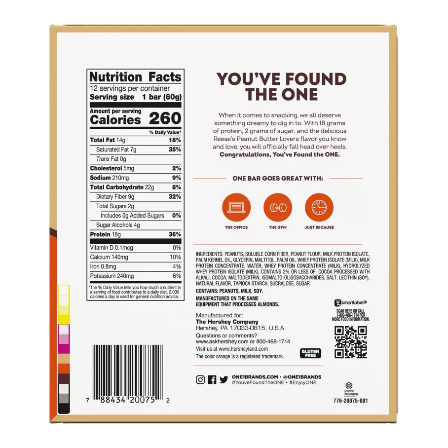 ONE REESE'S Peanut Butter Chocolate Flavored Layered Protein Bars, 2.12 oz, 12 count box - Nutritional