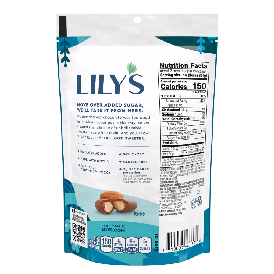 LILY'S Milk Chocolate Style Covered Almonds, 3.5 oz pouch - Back of Package
