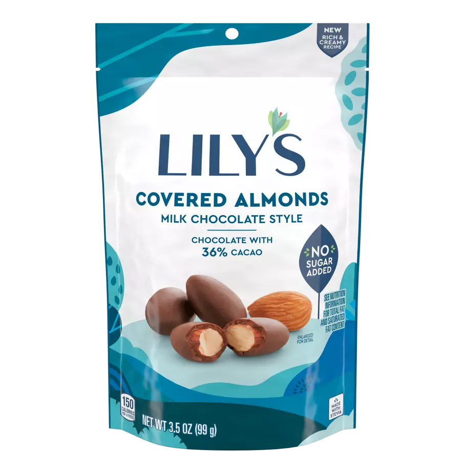 LILY'S Milk Chocolate Style Covered Almonds, 3.5 oz pouch - Front of Package